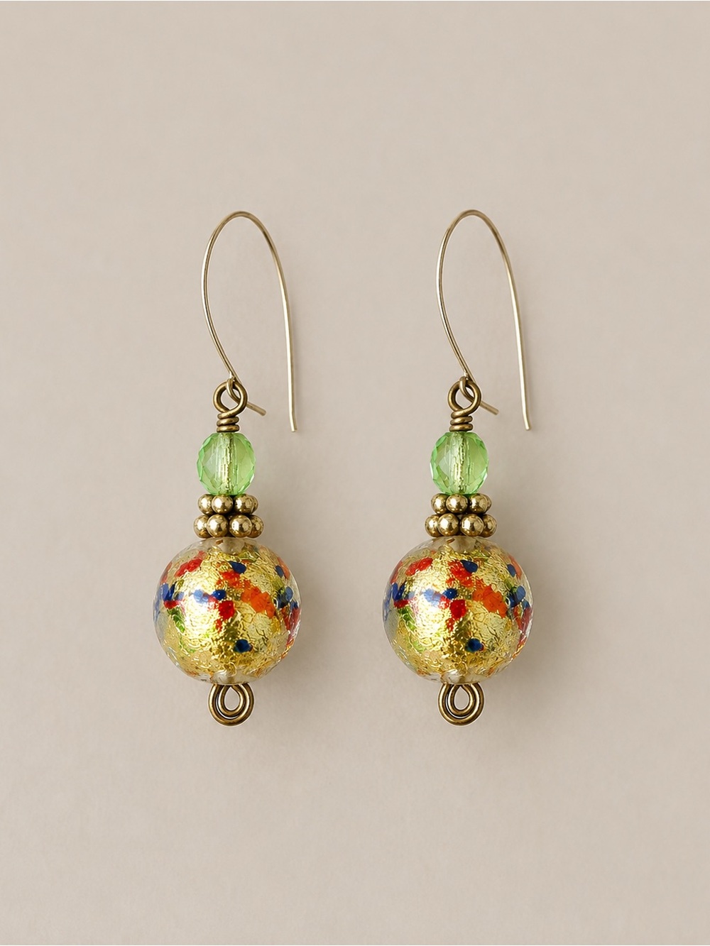 Gold Foil Multicolor Glass Bead Dangle Earrings Green Boho